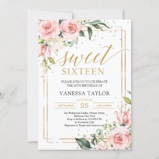 Elegant boho blush pink floral gold sweet sixteen invitation