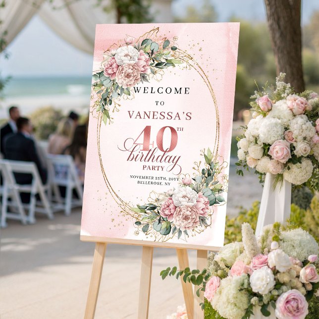 Elegant Boho Blush Pink Greenery 40th Birthday  Poster (Elegant Boho Blush Pink Greenery 40th Birthday Welcome)