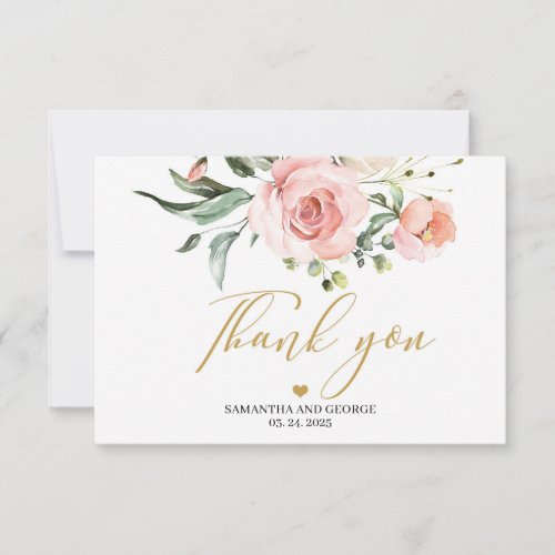 Elegant boho blush pink peach floral gold font thank you card