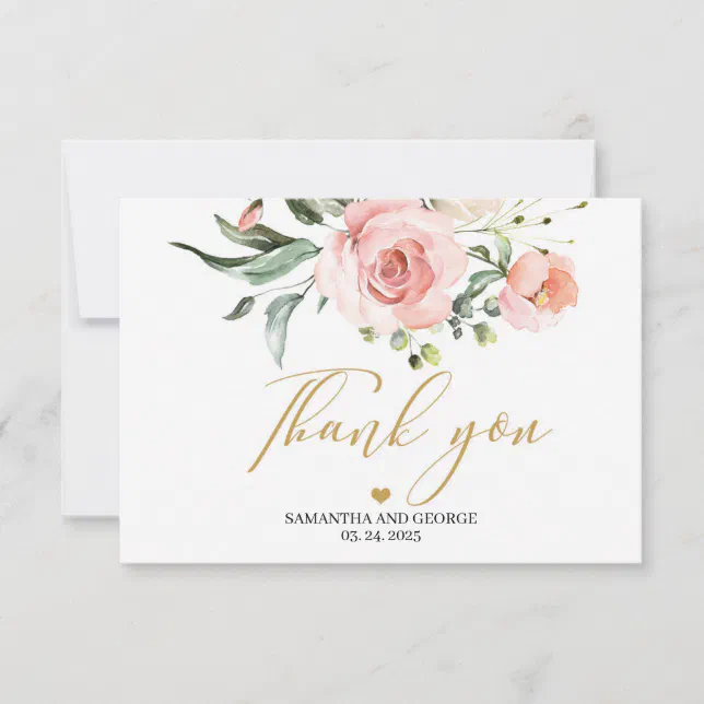 Elegant boho blush pink peach floral gold font thank you card | Zazzle