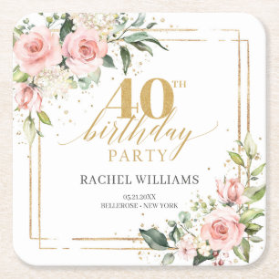 Elegant boho blush pink roses 40th birthday square paper coaster