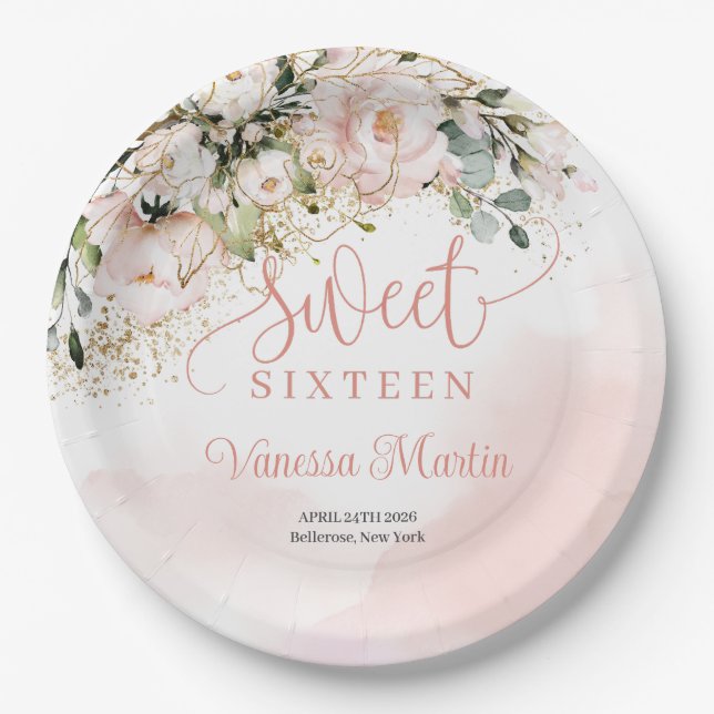 Elegant boho blush pink roses gold sweet sixteen paper plates (Front)