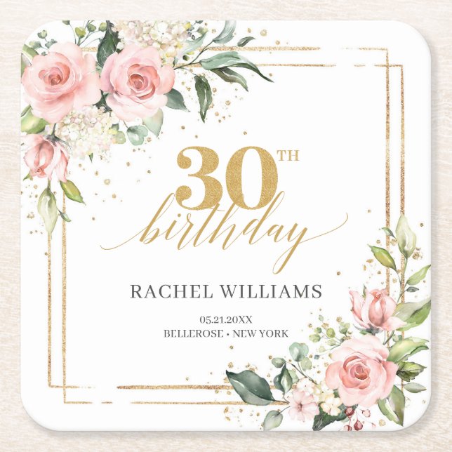 Elegant boho blush pink roses green 30th birthday  square paper coaster (Front)