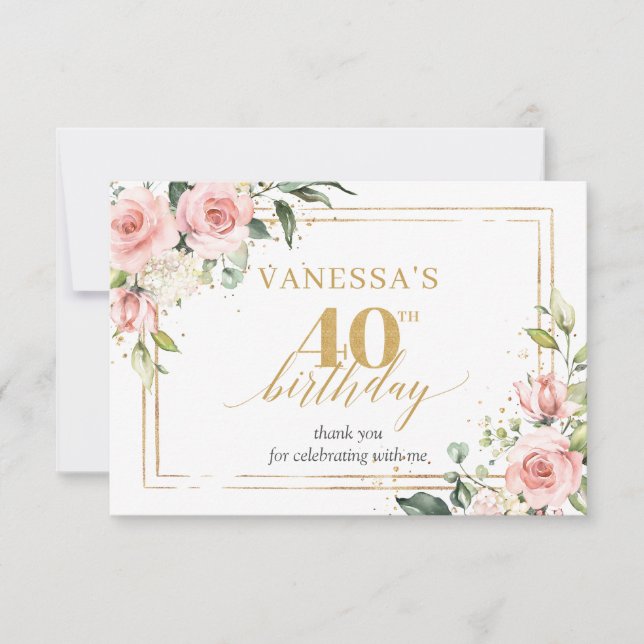 Elegant boho blush pink roses green 40th Birthday Thank You Card (Front)