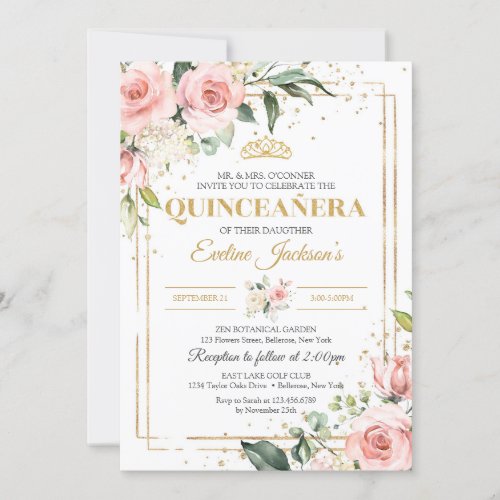 Elegant boho blush pink roses green quinceanera invitation