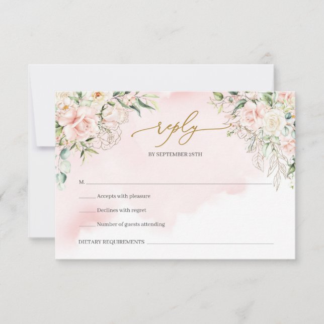 Elegant boho blush pink roses greenery and gold RSVP card (Front)