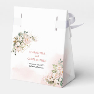 Elegant boho blush pink roses greenery gold favor boxes