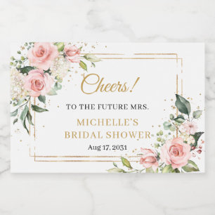 Elegant boho blush pink roses greenery gold frame sparkling wine label