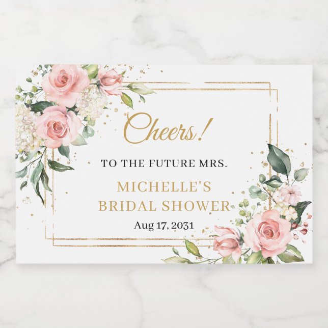 Elegant boho blush pink roses greenery gold frame sparkling wine label (Single Label)