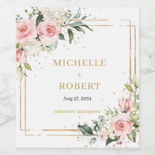 Elegant boho blush pink roses greenery gold frame wine label