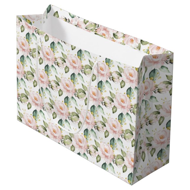 Elegant boho blush pink roses greenery gold large gift bag (Front Angled)