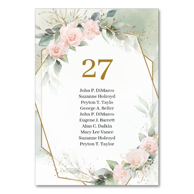 Elegant boho blush pink table number with names (Front)