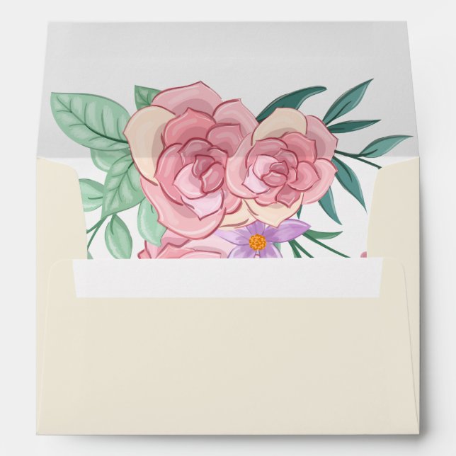 Elegant Boho Blush Pink Watercolor Floral Wedding  Envelope (Back (Bottom))