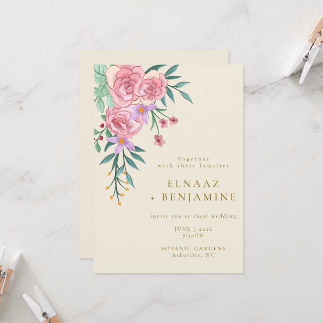 Elegant Boho Blush Pink Watercolor Floral Wedding Invitation (Front/Back In Situ)