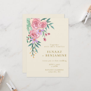 Elegant Boho Blush Pink Watercolor Floral Wedding Invitation