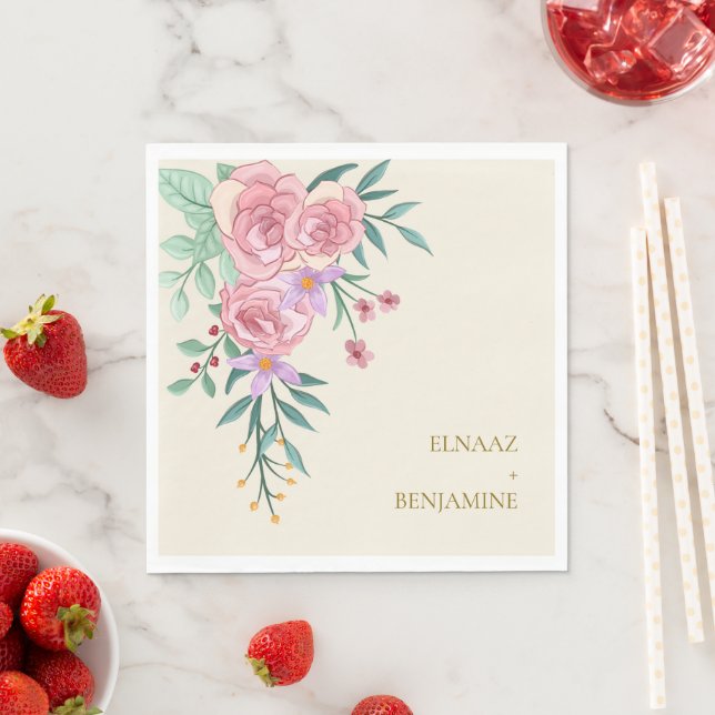 Elegant Boho Blush Pink Watercolor Floral Wedding  Napkins (Insitu)