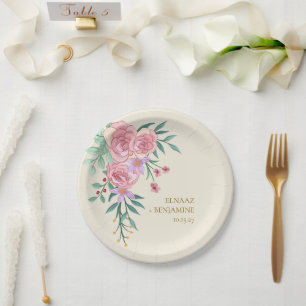 Elegant Boho Blush Pink Watercolor Floral Wedding Paper Plates