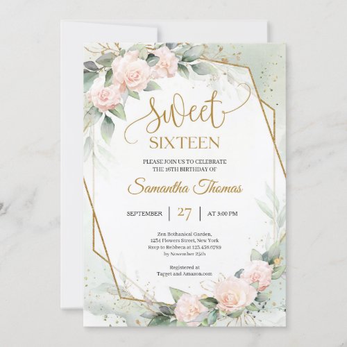 Elegant boho blush roses and eucalyptus gold frame invitation