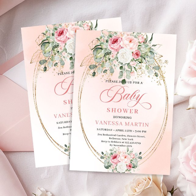 Elegant Boho Blush Roses Gold Baby Shower Invite (Elegant Boho Blush Roses Gold Baby Shower Invitation)