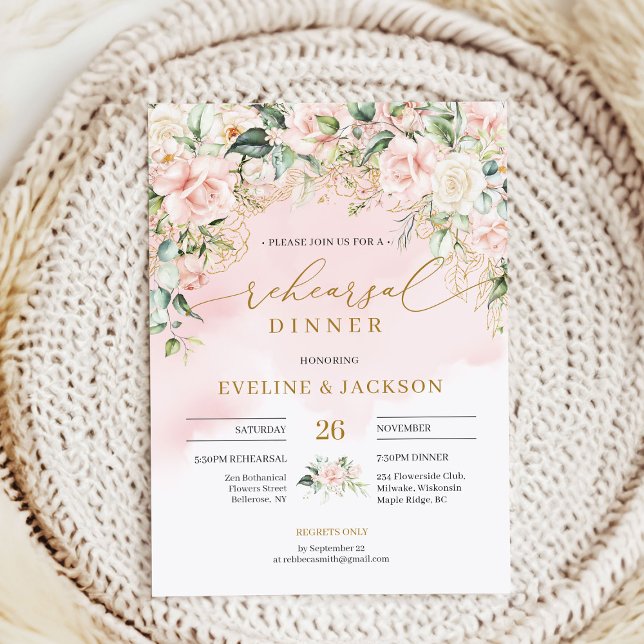 Elegant boho blush roses green gold rehearsal invitation (Delicate soft pastel pink roses rehearsal dinner invitation digital )