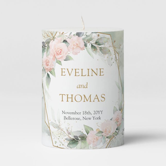 Elegant boho blush roses green gold Wedding  Pillar Candle (Front)
