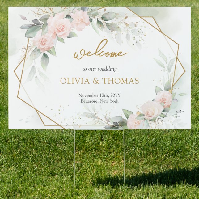 Elegant boho blush roses green gold Welcome sign (Insitu)