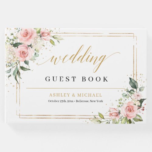 Elegant boho blush roses greenery gold wedding guest book