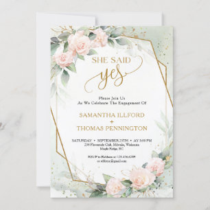 Elegant boho blush roses greenery she said yes invitation