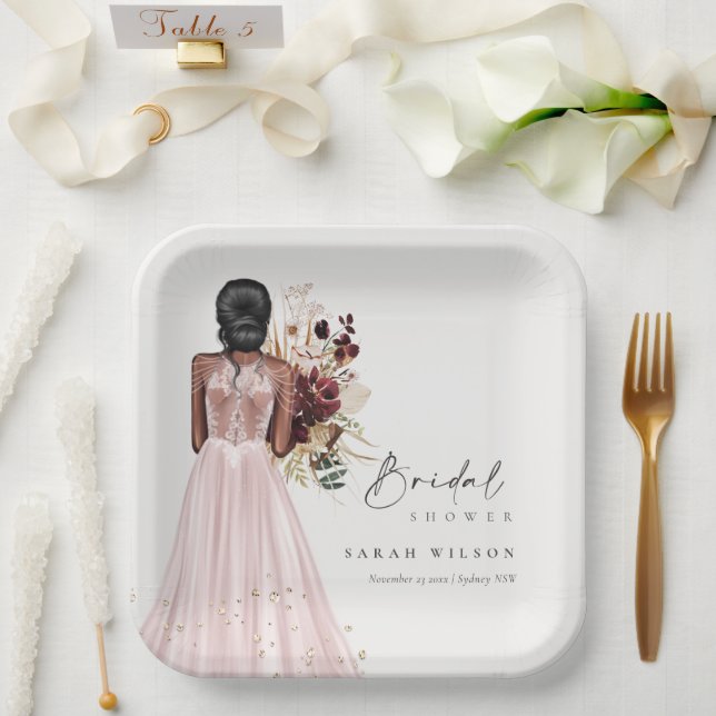 Elegant Boho Blush Wedding Gown Bridal Shower Paper Plates (Wedding)