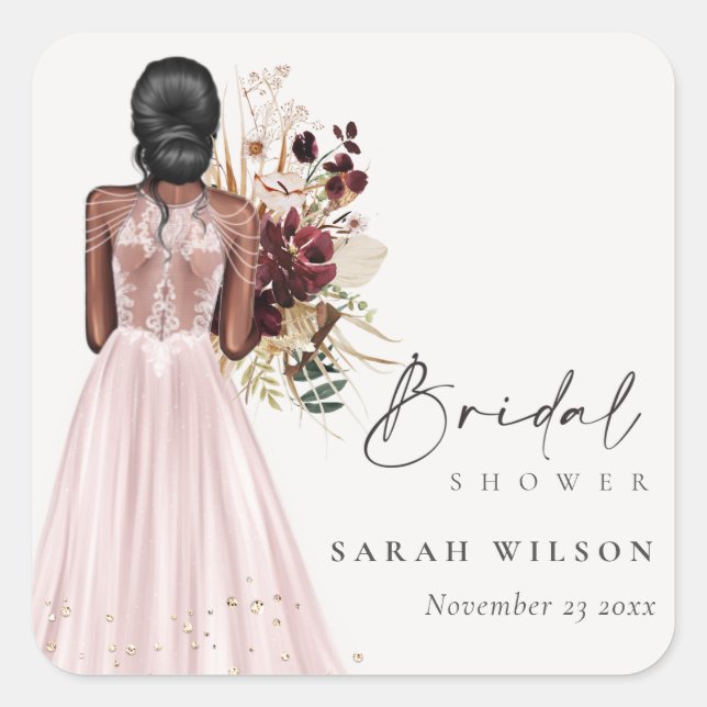 Elegant Boho Blush Wedding Gown Bridal Shower Square Sticker (Front)