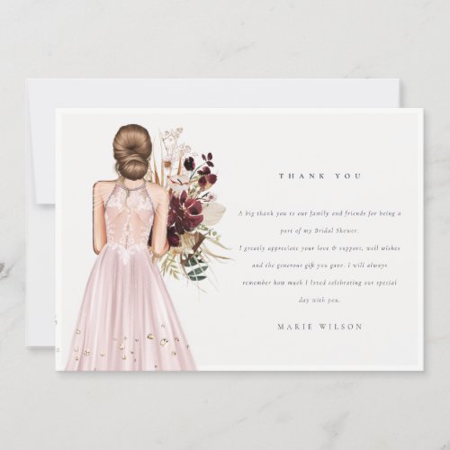 Elegant Boho Blush Wedding Gown Bridal Shower Thank You Card