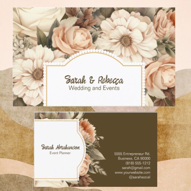 Elegant Boho Bohemian Gold Champagne Brown Floral Business Card (Creator Uploaded)
