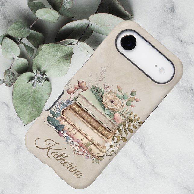 Elegant Boho Book Stack Floral  Name Case-Mate iPhone Case (Creator Uploaded)