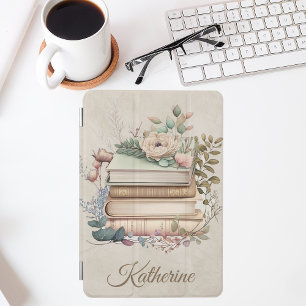 Elegant Boho Book Stack Floral  Name iPad Mini Cover