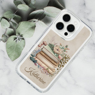 Elegant Boho Book Stack Floral Name iPhone 16 Pro Case