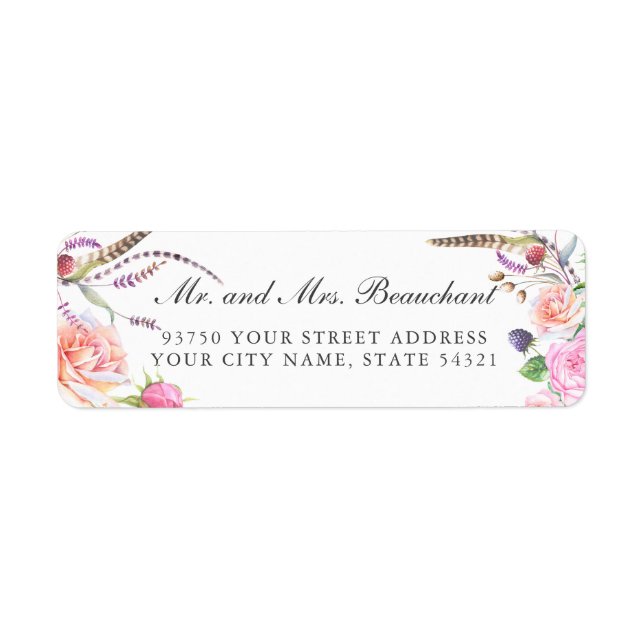 Elegant Boho Botanic Floral Roses Wedding Label (Front)