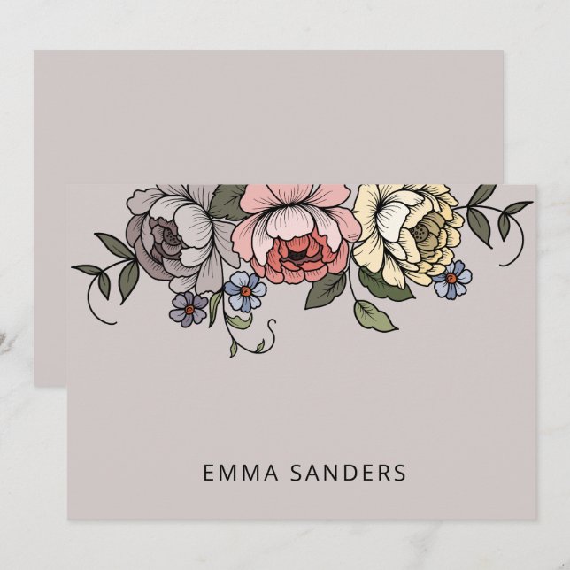 Elegant Boho Botanical Florals Gray Personalized Note Card (Front/Back)