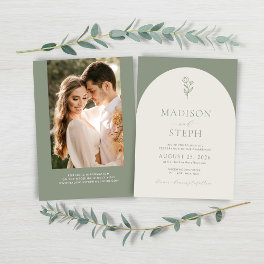 Elegant Boho Botanical Sage Green Wedding Photo Invitation