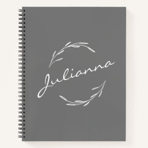 Elegant Boho Botanical Wreath in Gray Personalized Notebook