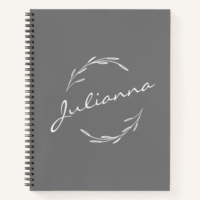 Elegant Boho Botanical Wreath in Gray Personalized Notebook (Front)