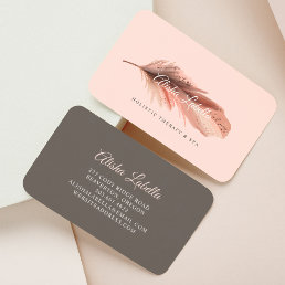 Elegant Boho Brown &amp; Blush Pink Watercolor Feather Business Card