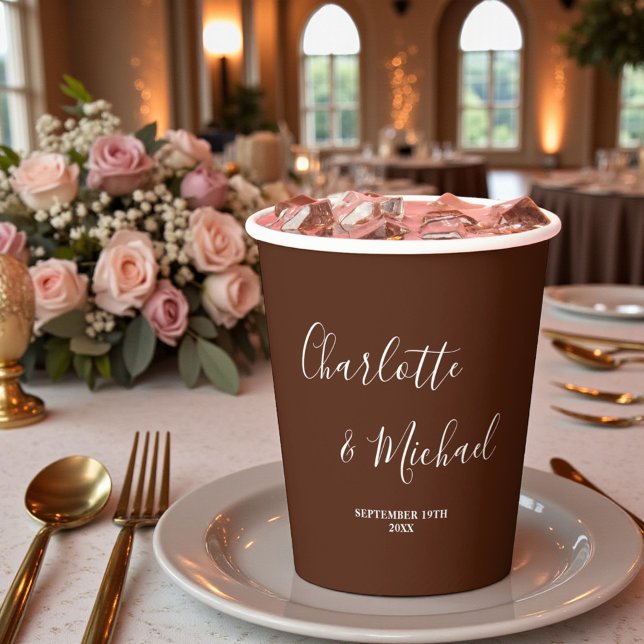Elegant Boho Brown Script Minimalist Wedding Paper Cups (Creator Uploaded)