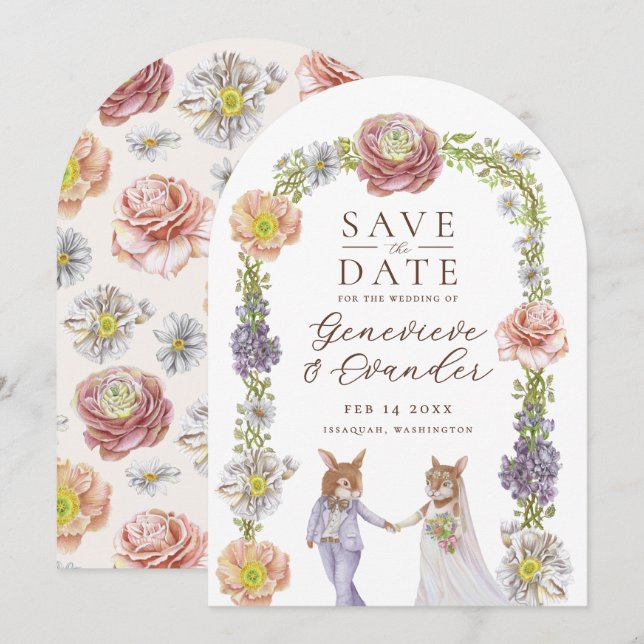 Elegant Boho Bunny Rabbit Love Floral Wedding Save The Date (Front/Back)
