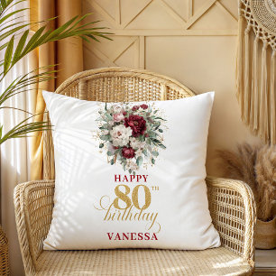 Elegant Boho Burgundy 80th Birthday Pillow