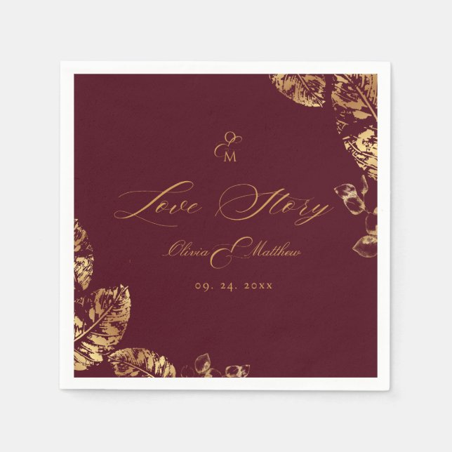 Elegant Boho | Burgundy and Gold Autumn Wedding Napkins (Front)