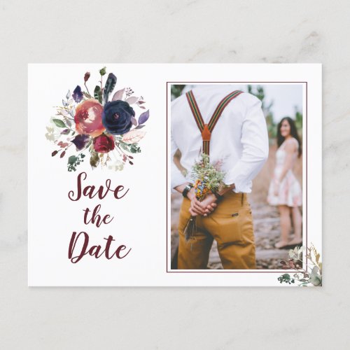 Elegant Boho Burgundy and Navy Blue Floral Wedding Invitation Postcard