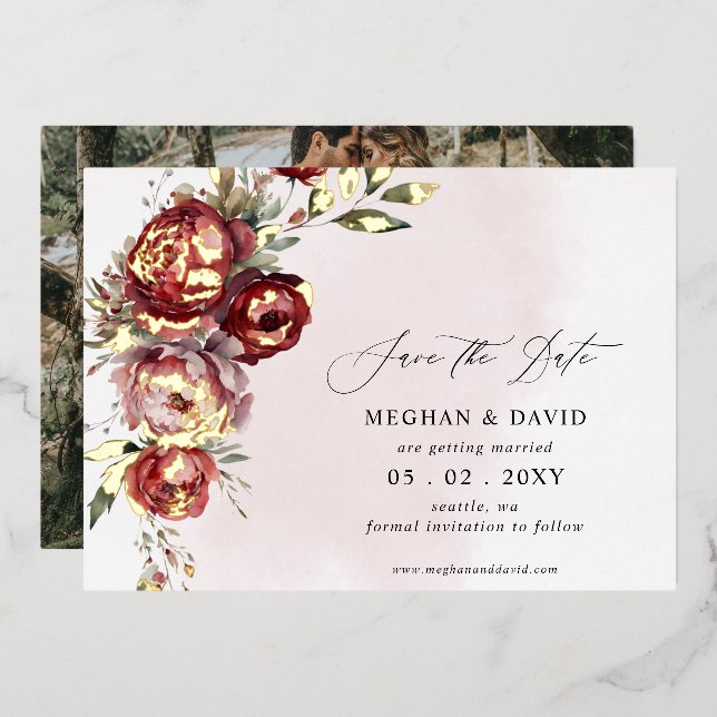 Elegant Boho Burgundy Blush Floral Photo Foil Invitation (Front/Back)