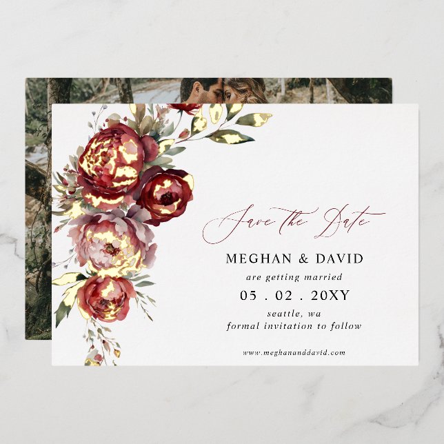 Elegant Boho Burgundy Blush Floral Photo Foil Invitation (Front/Back)