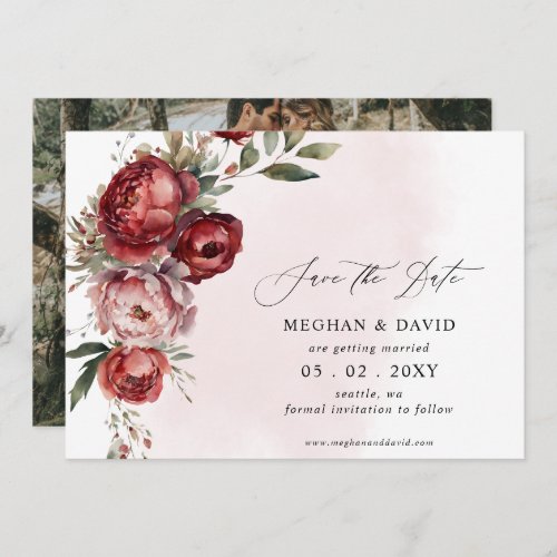 Elegant Boho Burgundy Blush Floral Photo Save The Date