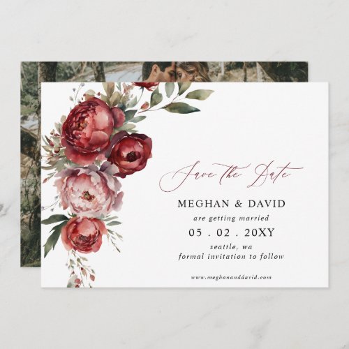 Elegant Boho Burgundy Blush Floral Photo Save The Date